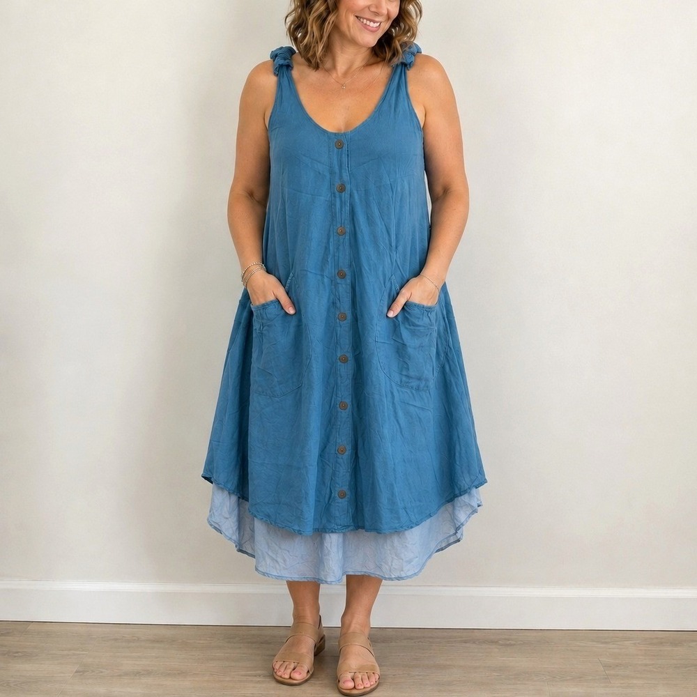 Lagenlook Cotton Layered Midi Dress Blue Boho Pockets M/L Thailand
